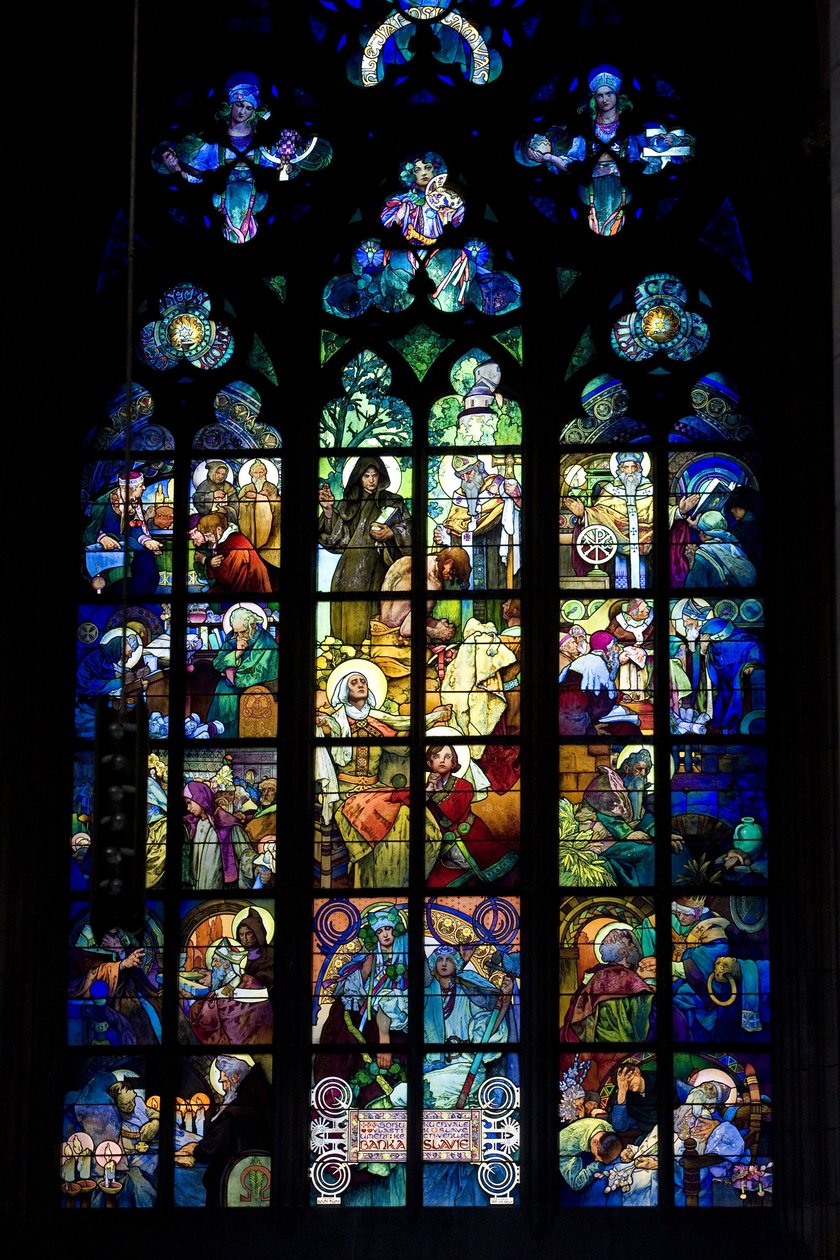 Stained glass by Alphonse Mucha in Saint Guy Cathedral in Prague, Czech Republic. Photography 2009 by Alphonse Mucha
