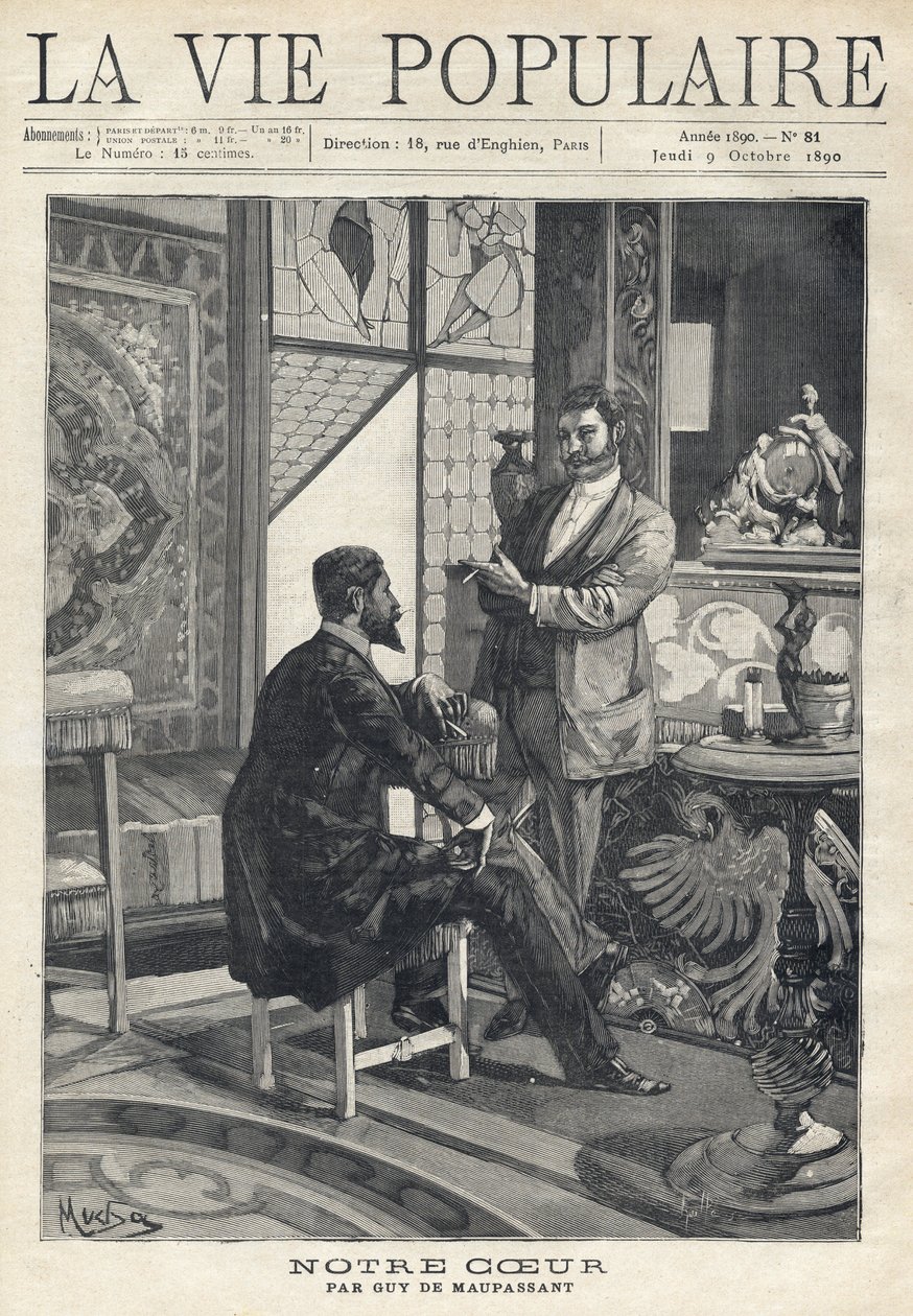 Two men, one sitting and the other standing, face each other and are in full conversation, smoking cigarettes in a richly decorated living room (stained glass windows, furniture, art objects). Illustration by Alfons Maria Mucha (Alphonse Marie Mucha) by Alphonse Mucha