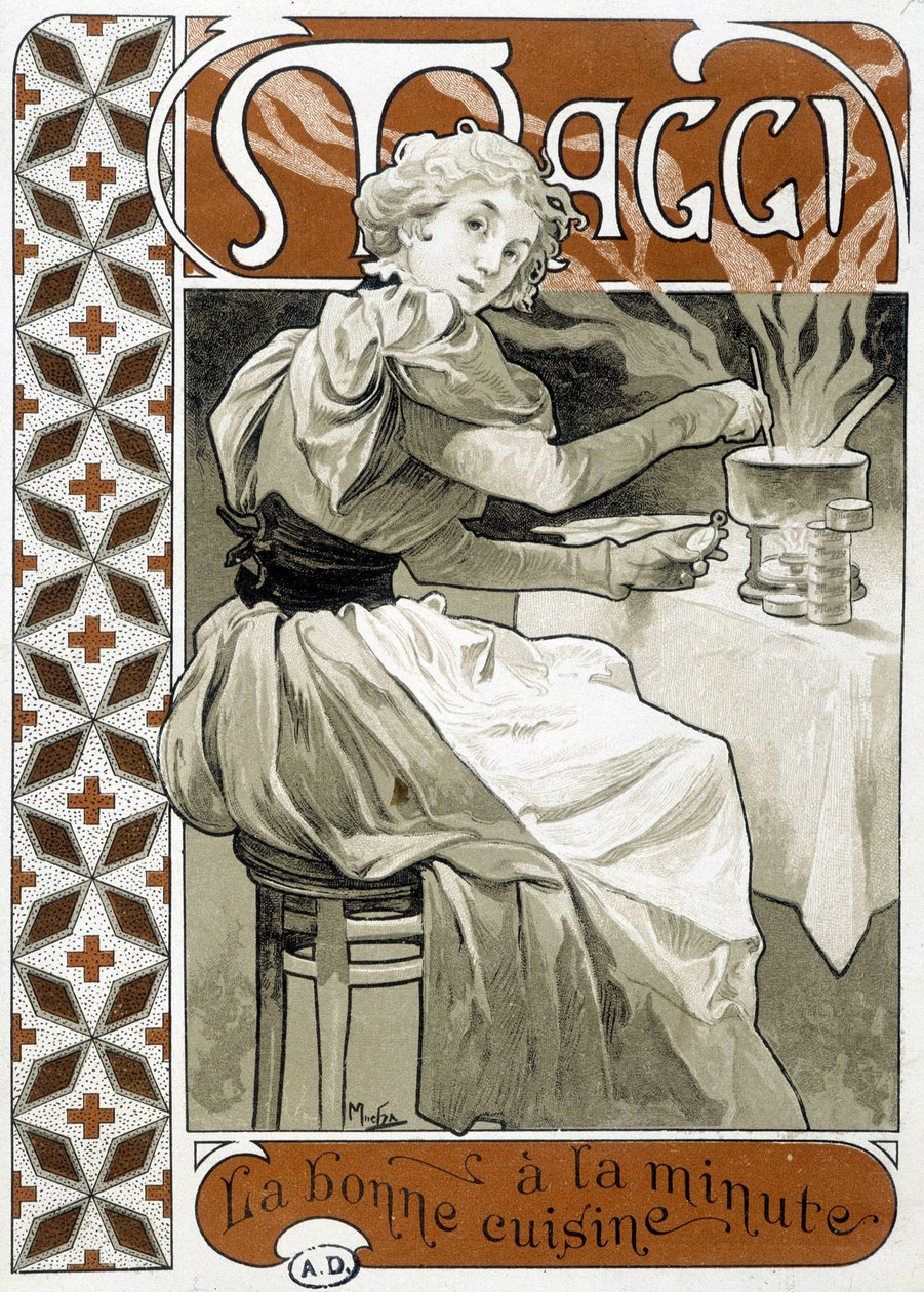 Young woman cooking on a gas stove - advertisement Maggi 