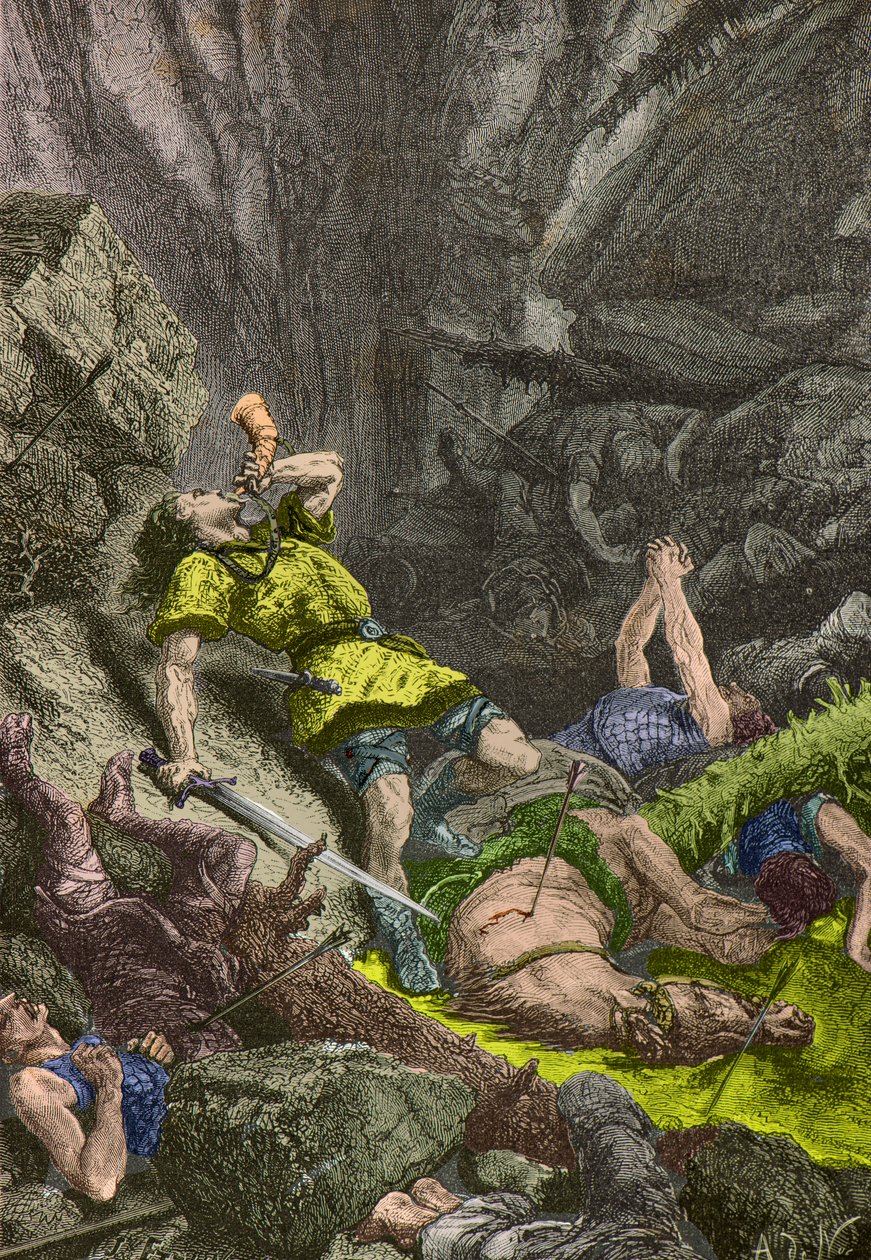 The knight Roland blows the horn at Roncevaux in 778