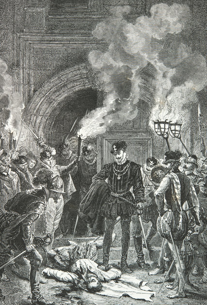 Massacre of Saint Bartholomew, the Duke of Guise pushes the corpse of Gaspard de Coligny with his foot by Alphonse Marie de Neuville