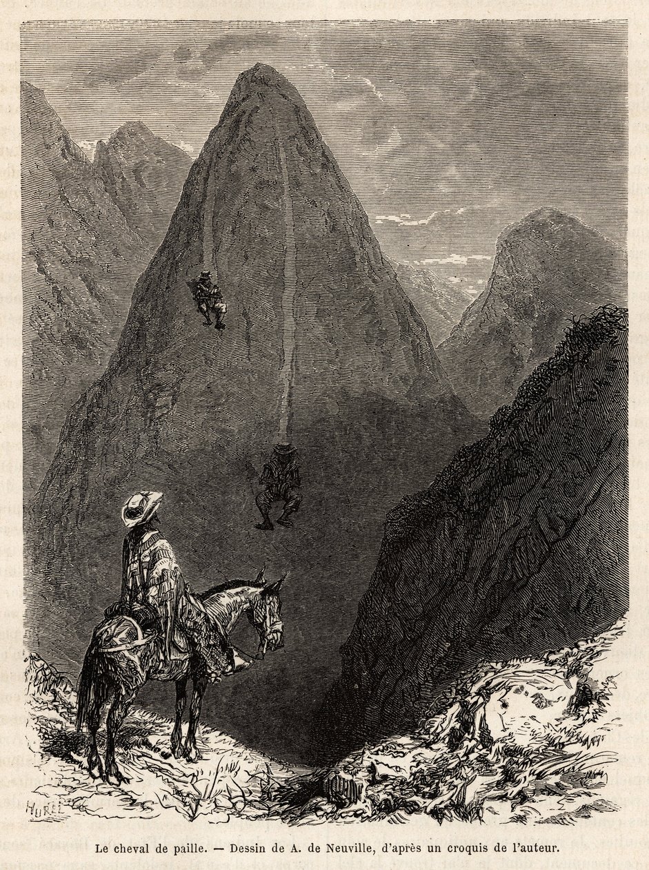 The Indians of the state of Boyaca, descending a mountain covered with grass on straw horses, consisting of a bundle of long grass on which one sits to descend the slopes at full speed, by the force of gravity alone, engraving after the drawing by Alphonse Marie de Neuville