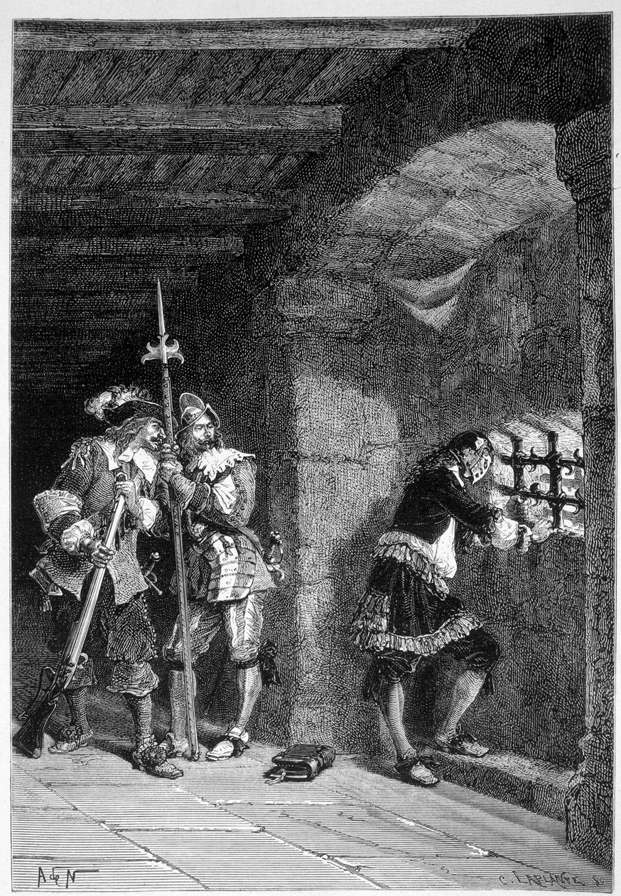 The iron mask in his cell of the prison of the island Saint Marguerite - in Histoire de France by Guizot, engraving by De Neuville by Alphonse Marie de Neuville