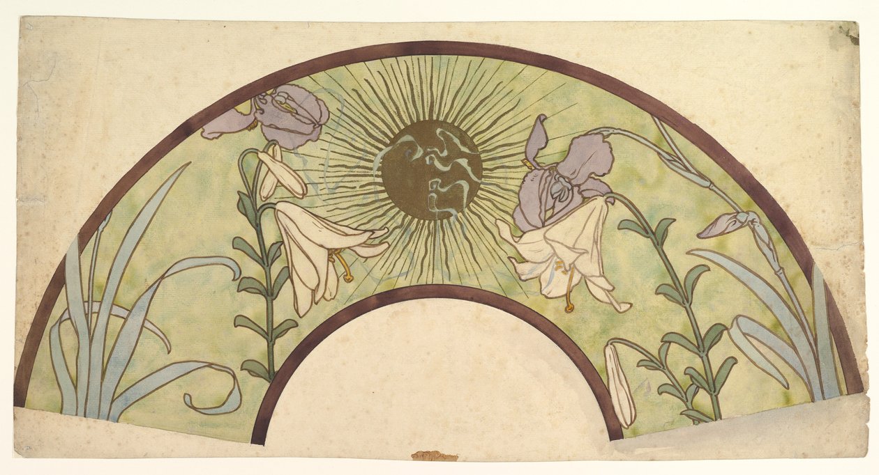 Design for a Fan with Sunburst, Lilies, and Irises, late 19th - mid 20th century by Alphonse Mucha