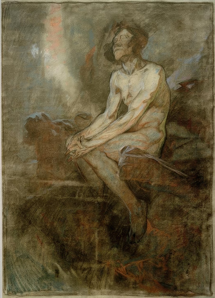 Male Nude Sitting on a Rock by Alphonse Mucha