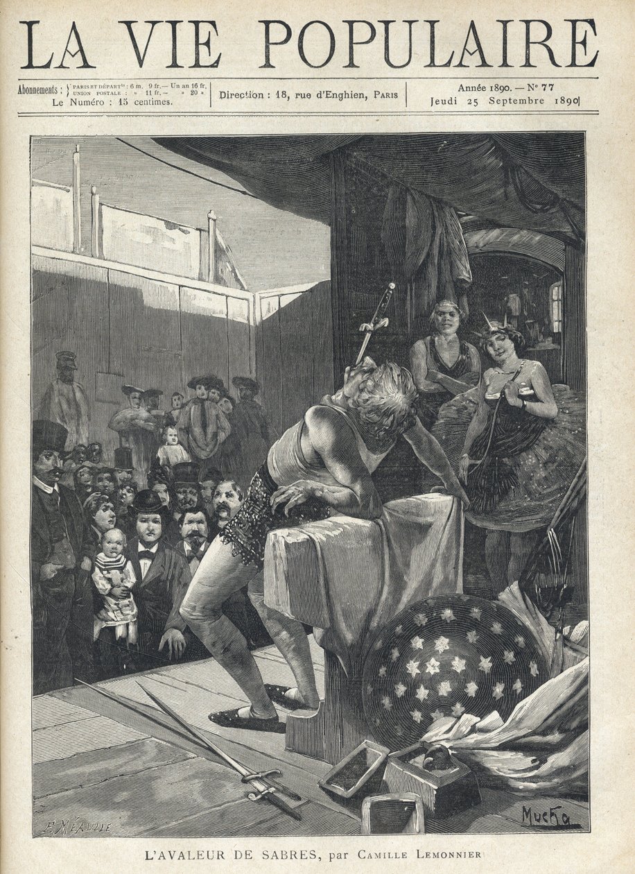 On the stage of a travelling theatre, the audience watches a sabre swallow act. Illustration by Alfons Maria Mucha by Alphonse Mucha