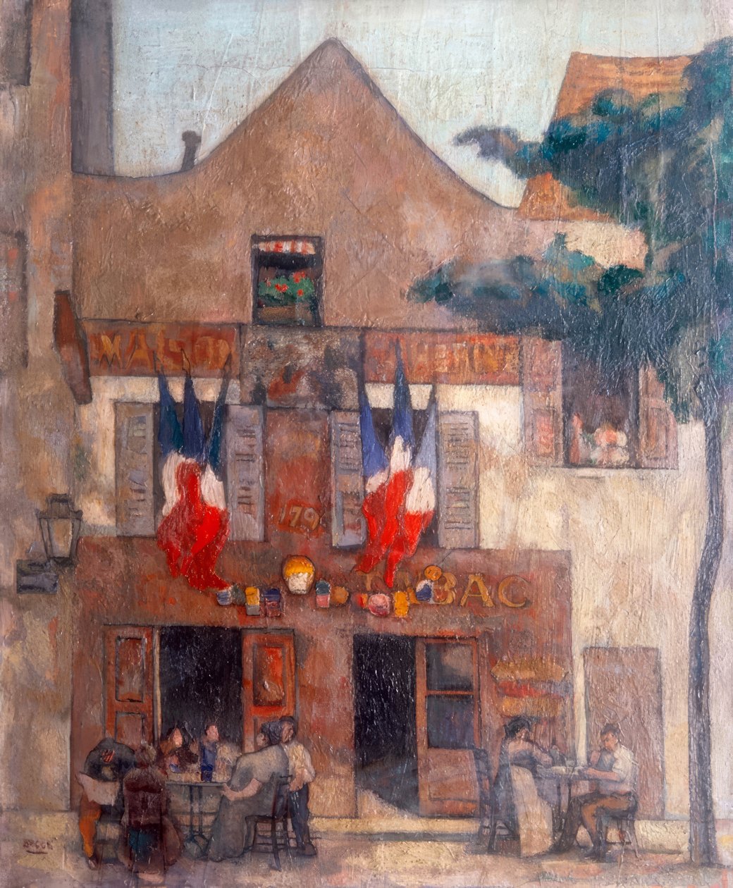 View of the Facade of the Famous Parisian Restaurant in Montmartre, with Flags at the Window and People at a Table by Alphonse Quizet