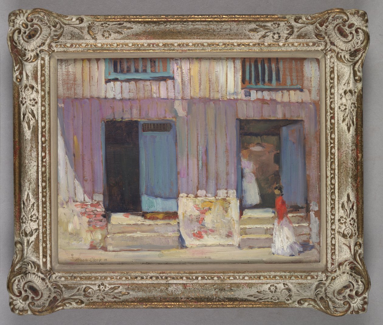 Woman walking in front of buildings by Alson Skinner Clark