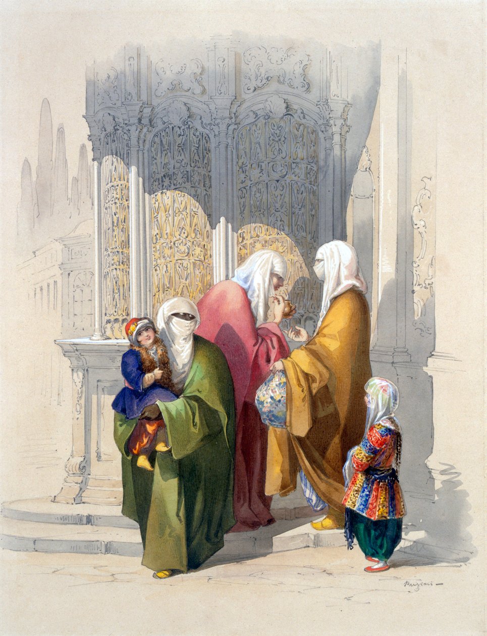 Street Scene with Passers-by Including a Poor Black African Woman and Child, pub. 1865 by Amadeo Preziosi