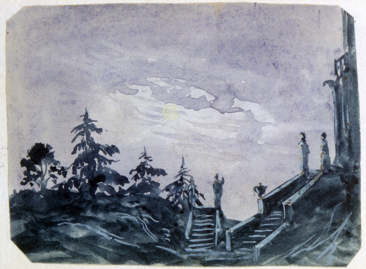 View of Grounds of a Fantastic Chateau by Moonlight by Amantine Dupin
