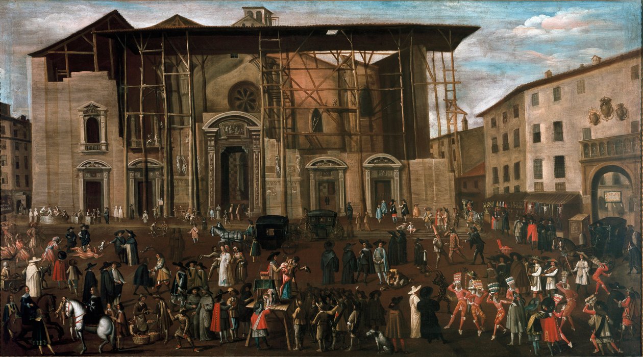 View of Mercanti square with carnival scenes by Amanzia Guerillot Inganni