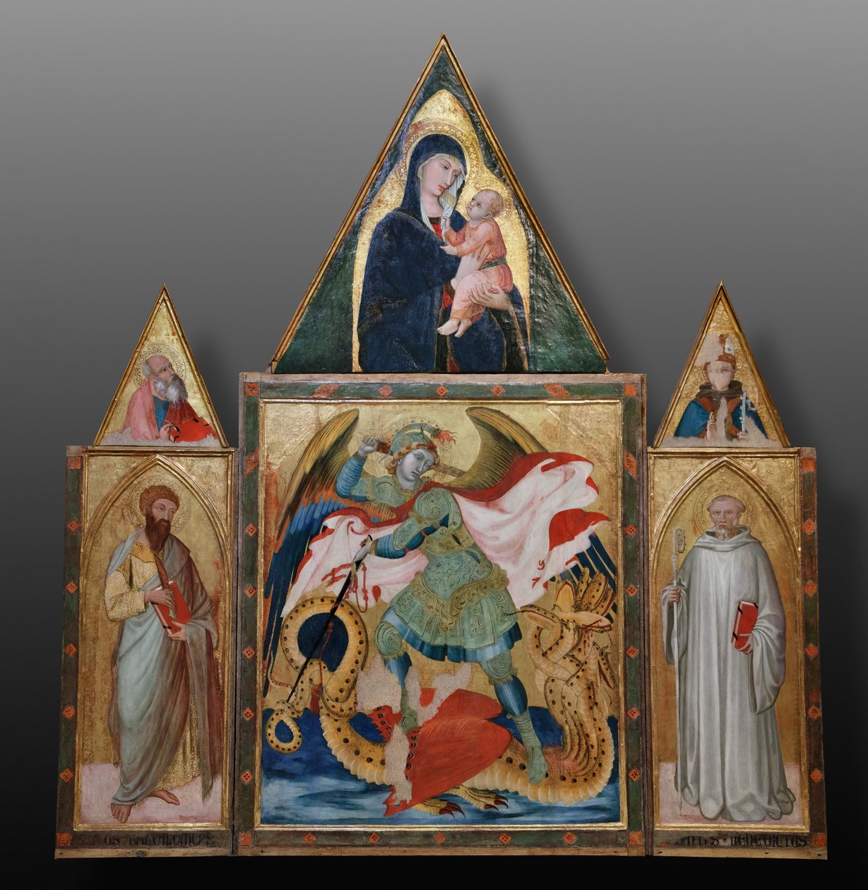 Saint Michael the Archangel slaying the dragon between Saints Benedict ...