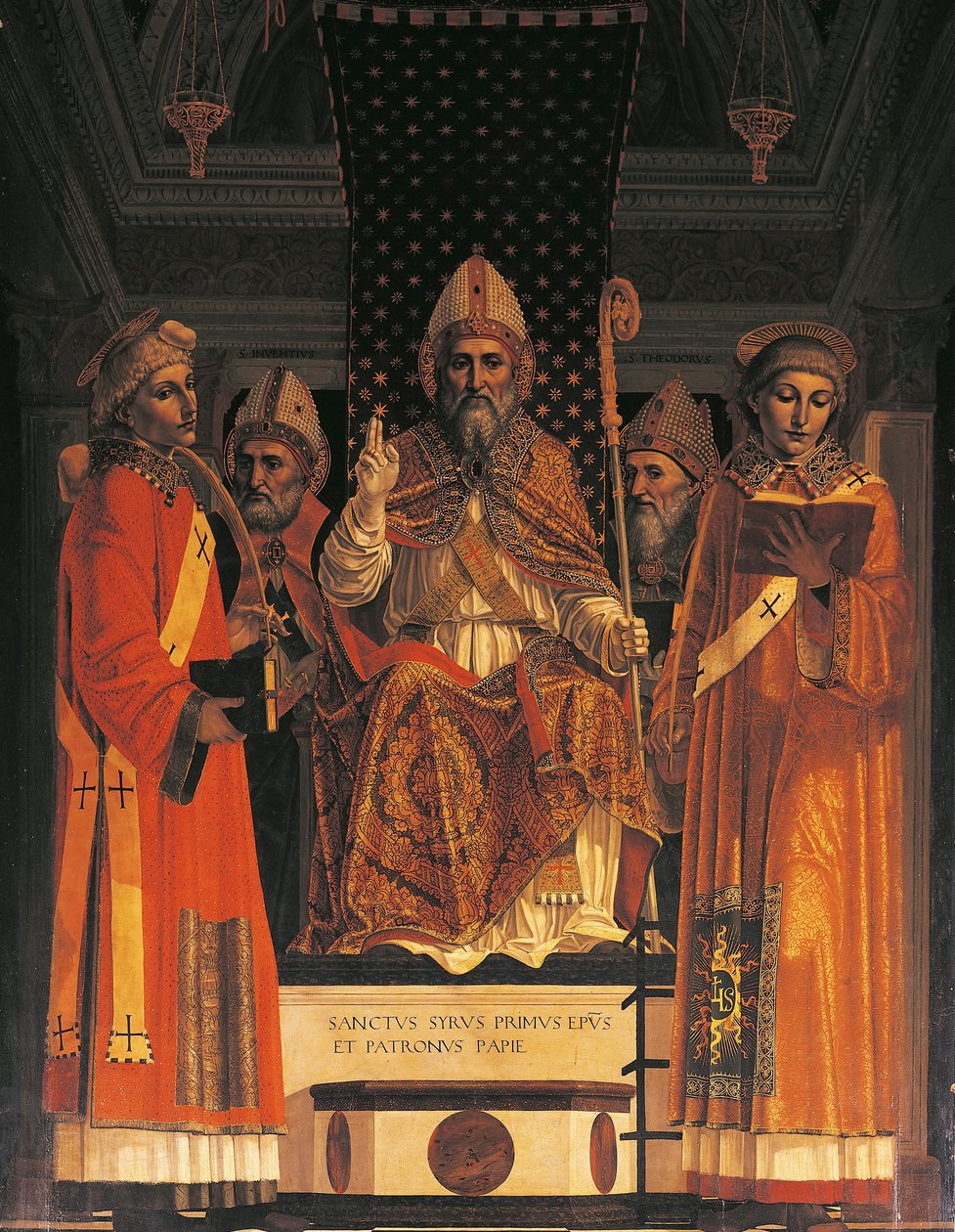 Italy, Lombardy, Pavia Charterhouse (Certosa), fifth chapel on the right, altar-piece with Saint Syrus enthroned by Ambrogio da Fossano known as 