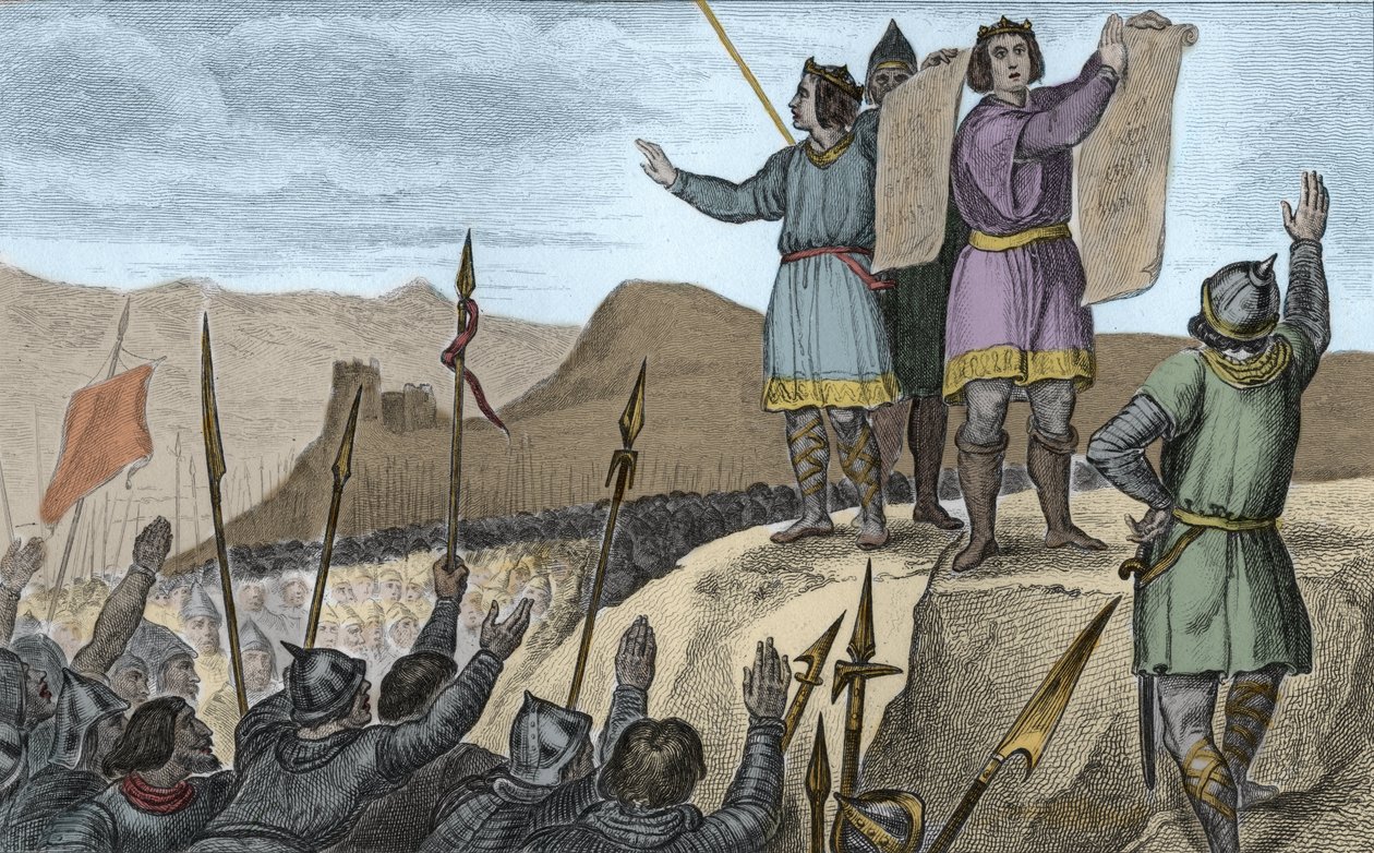 Charles II (823-877) the Bald and his brother Louis the German make treaty at Strasbourg in 842 - Oaths of Strasbourg pronounced by Charles II the Bald (823-877), King of France and Emperor of the West, and Louis the German, February 14, 842 - Engraving by Ambroise Tardieu