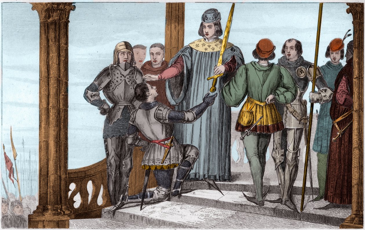 Charles V (1358-80) the Wise presents his sword to Duguesdin - Charles V the Wise (1338-1380) solemnly presents the sword of constable Bertrand du Guesclin (1320-1380) - Engraving 1825 in 
