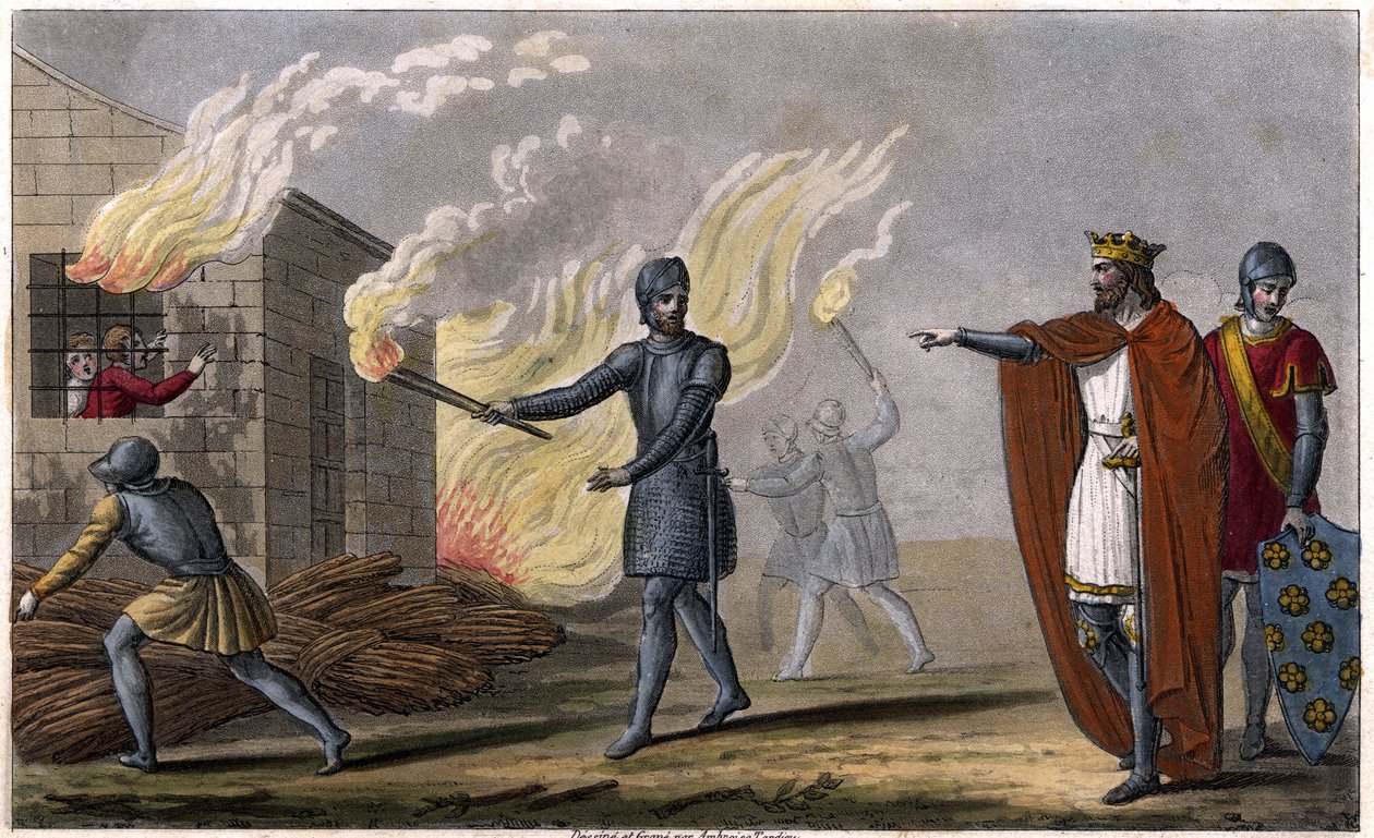 Clotaire I (497 - 561) burns his son Chramne in a cottage, revolt against him - Reign of Clotaire. Clotaire burned in a cottage his son Chramne rebelled against him - Drawn and engraved by Ambroise Tardieu in 1825 by Ambroise Tardieu