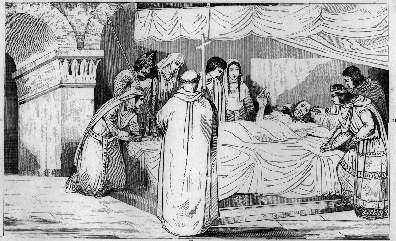 Death of Pepin of Herstal (635-714) surrounded by his family - Engraving 1825 in 