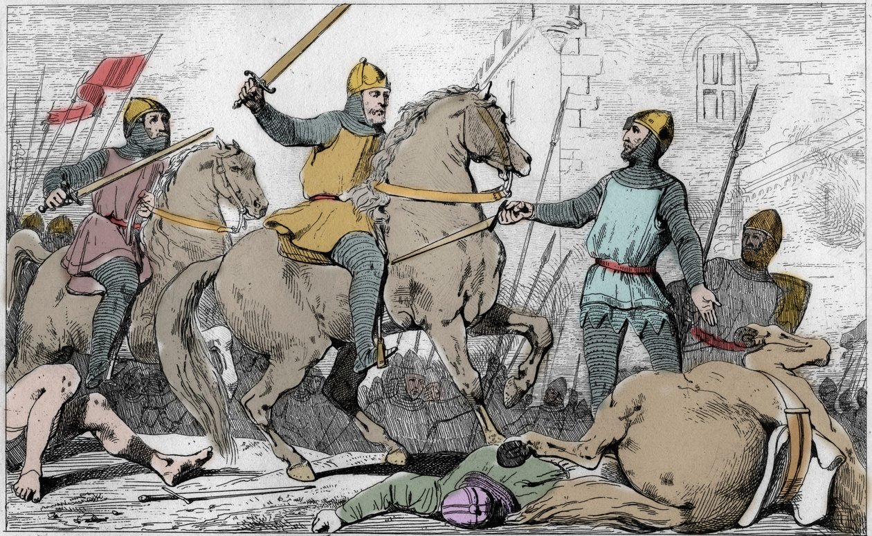 Hugh Capet (941-996) captures Charles de Lorraine in 988 - End of the Carolingian dynasty, 988: arrest of Charles (953-991), Duke of Basse Lorraine, by Hugues Capet and his army - Engraving of 1825 in 