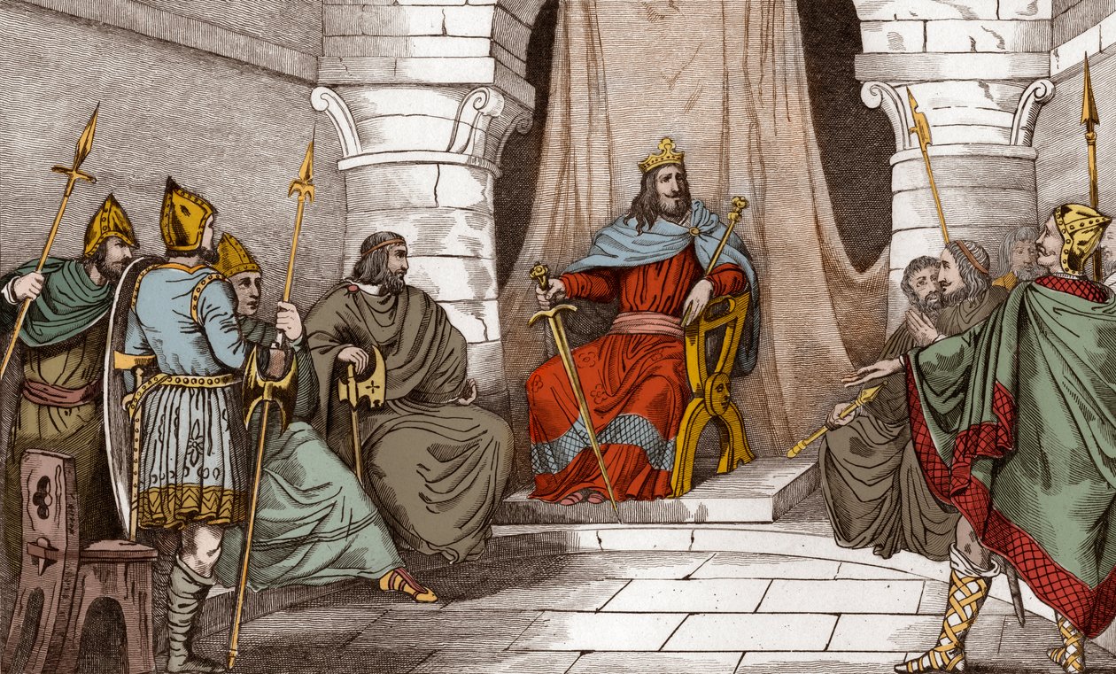 King Charibert (521-567) in Council with Magistrates - Caribert or Cherebert, king of Paris (561-567) holding councils, or he rendered justice - Engraving of 1825 in Histoire de France represented by synoptic paintings dediee to the children of France by Ambroise Tardieu