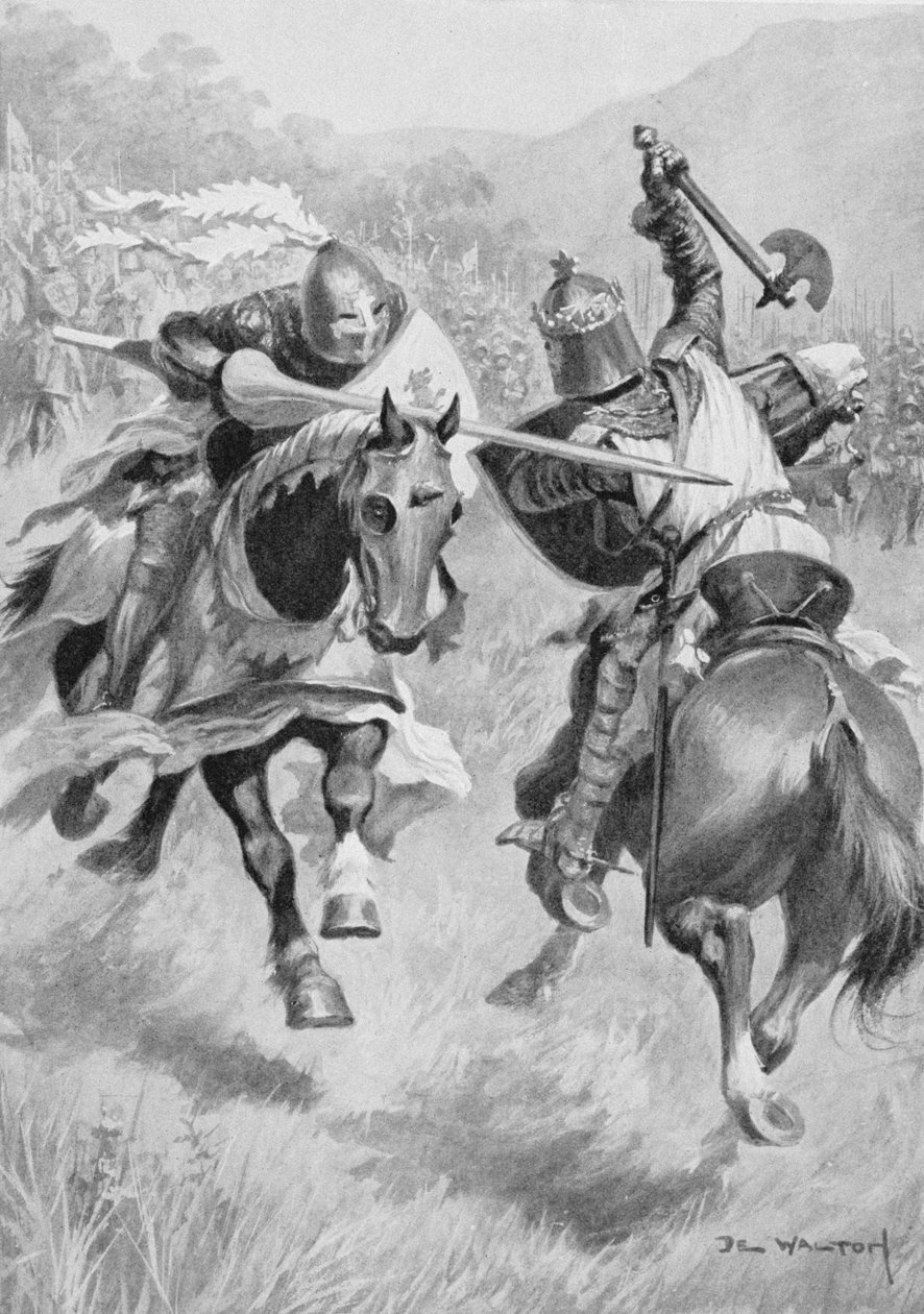 Encounter between Robert Bruce and Sir Henry de Bohun, illustration from British Battles on Land and Sea edited by Sir Evelyn Wood, first published 1915 by Ambrose de Walton