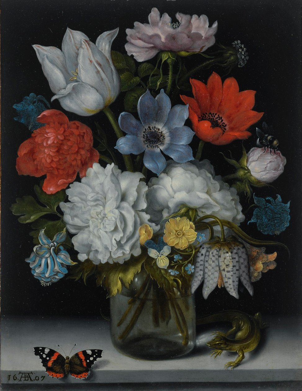 A Still Life of Flowers in a Glass Flask on a Marble Ledge, Flanked by a Red Admiral Butterfly and a Lizard by Ambrosius Bosschaert