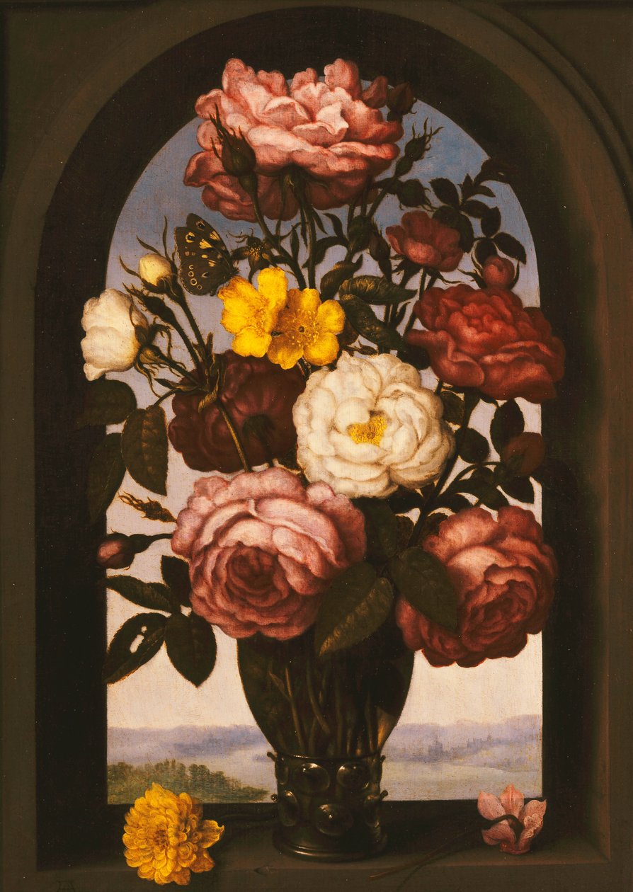 Roses in a Roemer with a Turban Buttercup and a Sowbread in a Casement, a River Landscape Beyond by Ambrosius the Elder Bosschaert