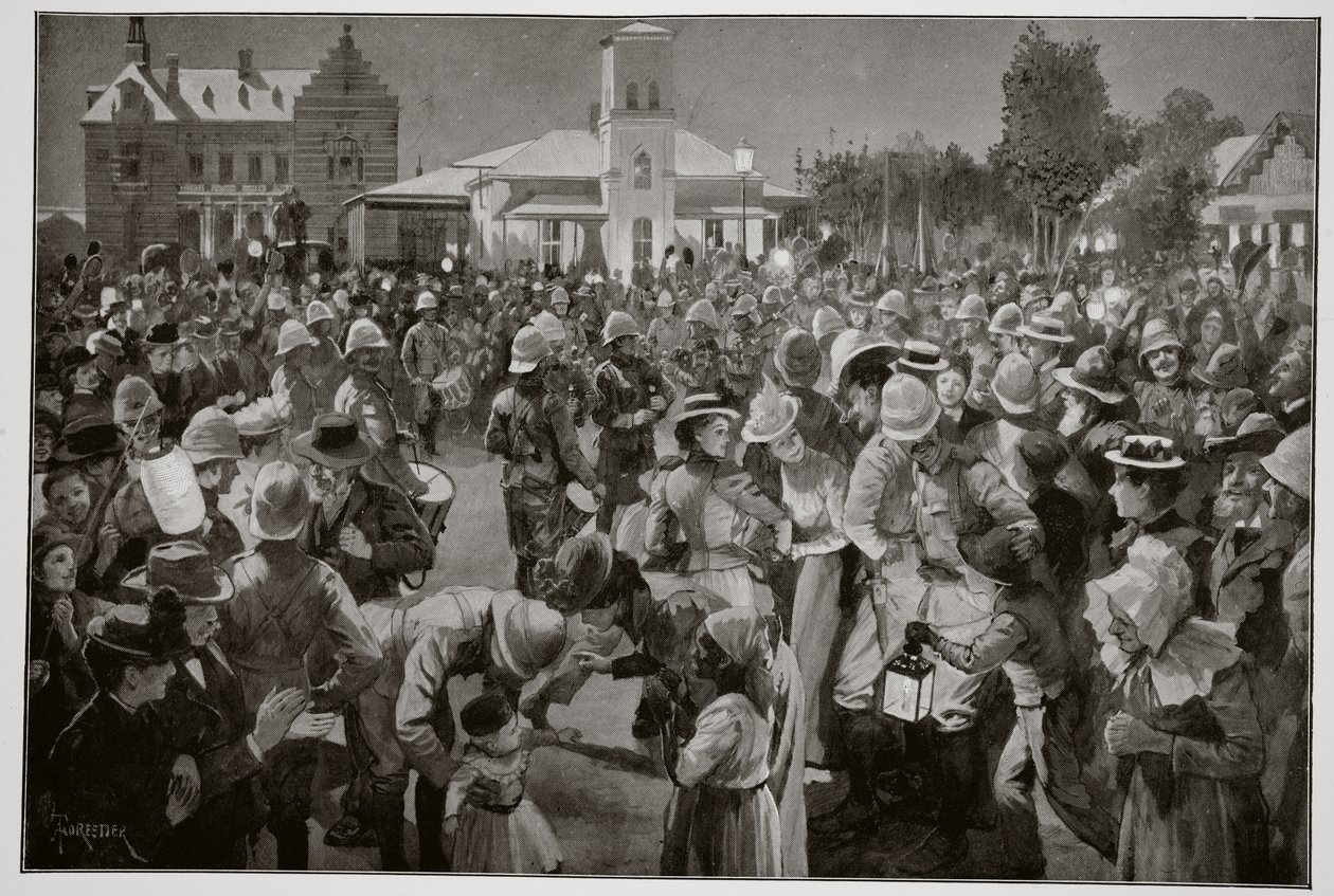 The British Occupation of Bloemfontein - An Evening Concert in Market Square by the Pipes of the Highland Brigade by Amedee Forestier