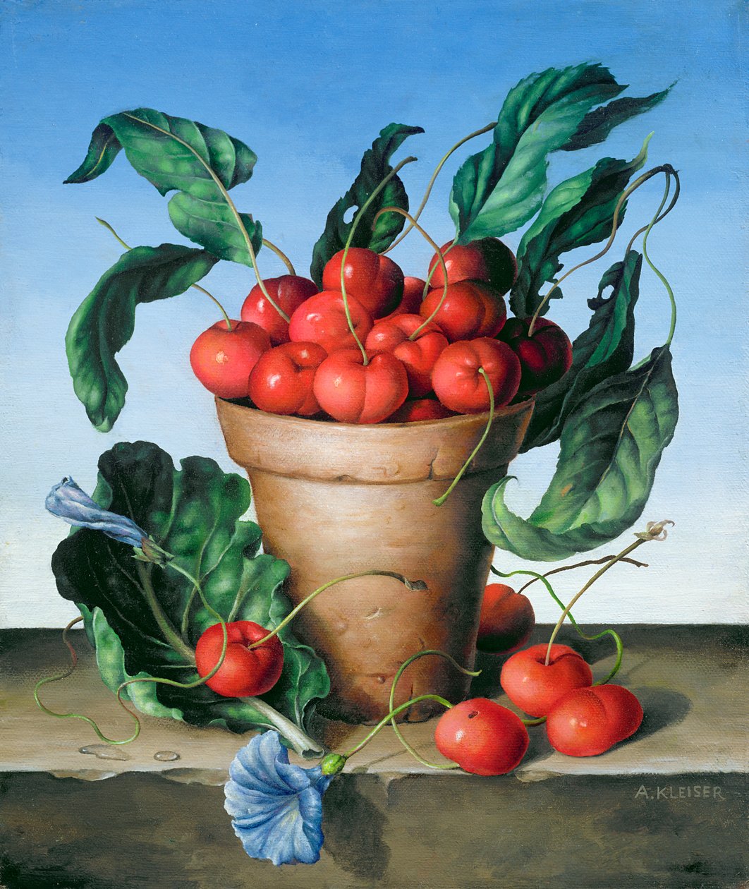 Cherries in terracotta with blue flower by Amelia Kleiser