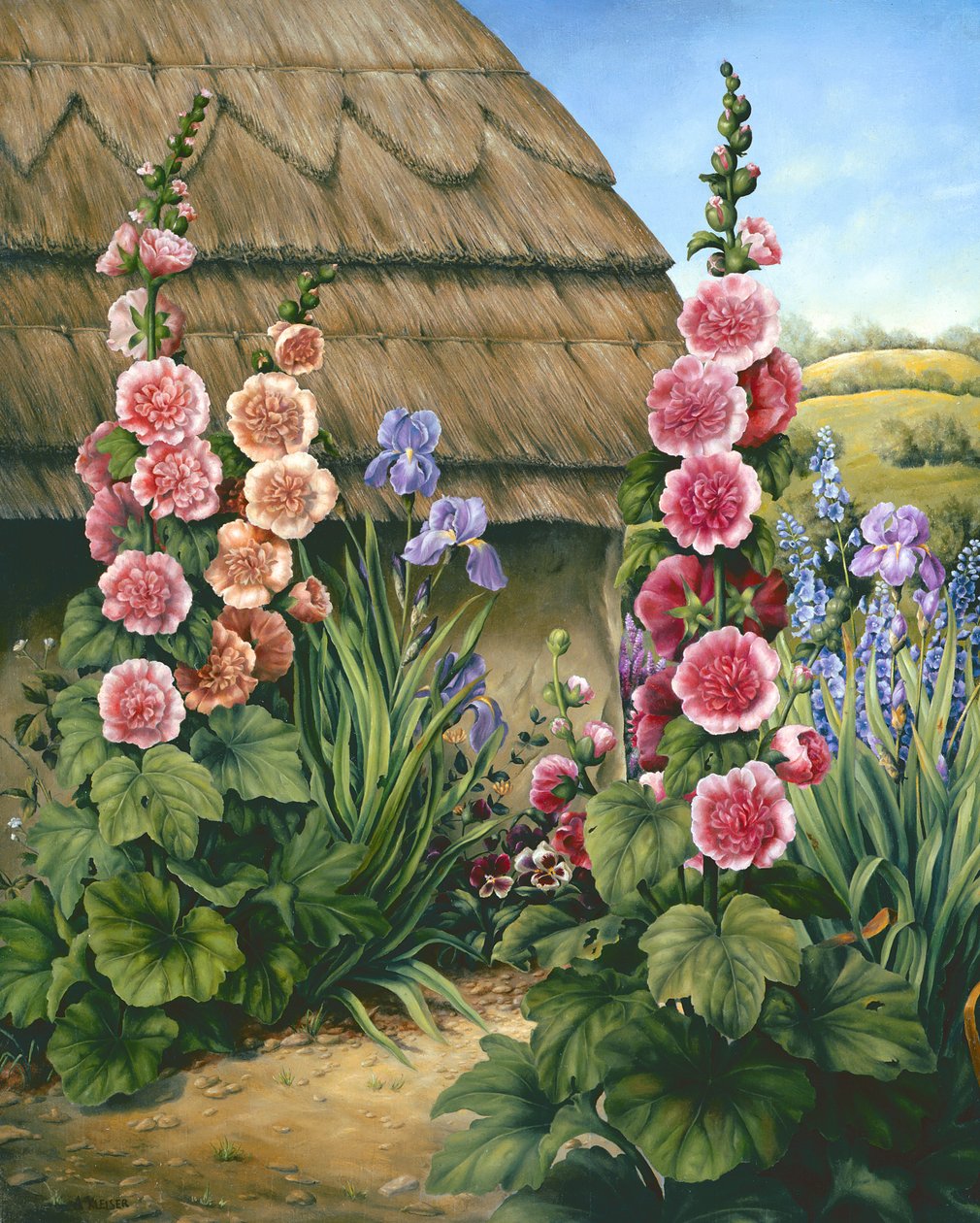 Cottage Garden with Hollyhocks, 1995 by Amelia Kleiser