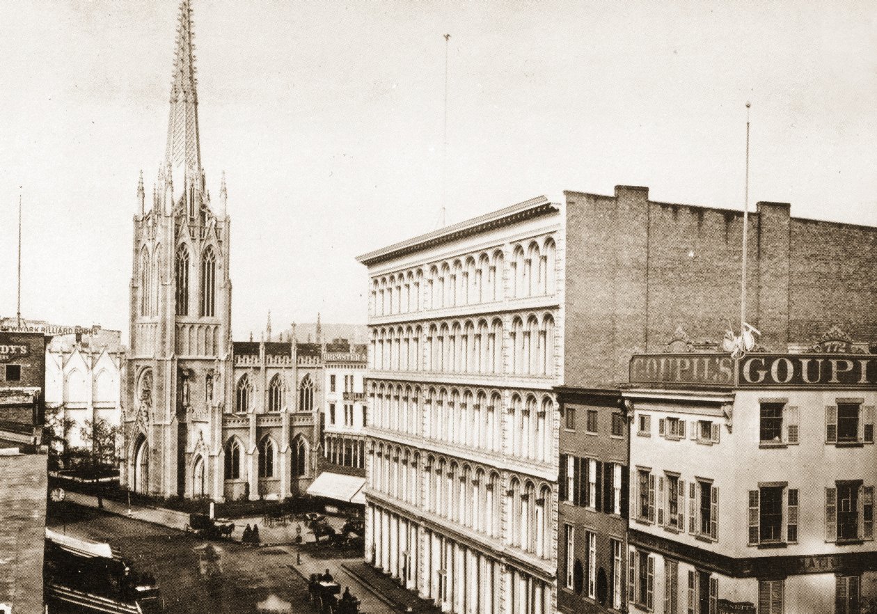 Grace Church and the old A. T. Stewart store on Broadway at 10th St., New York City, 1868 by American Photographer