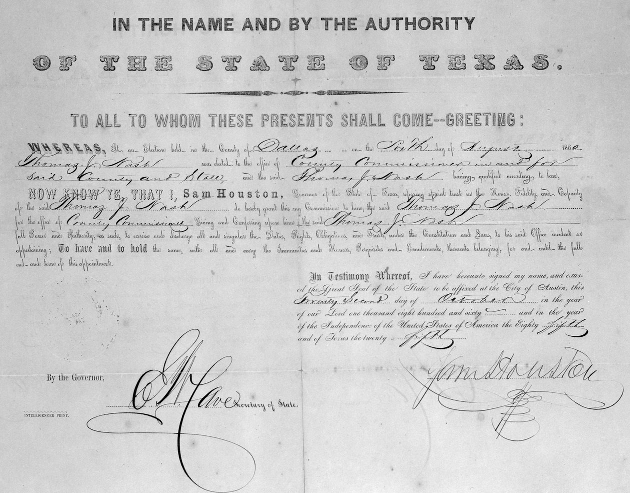 Deed Signed by Sam Houston, 1860 by American School