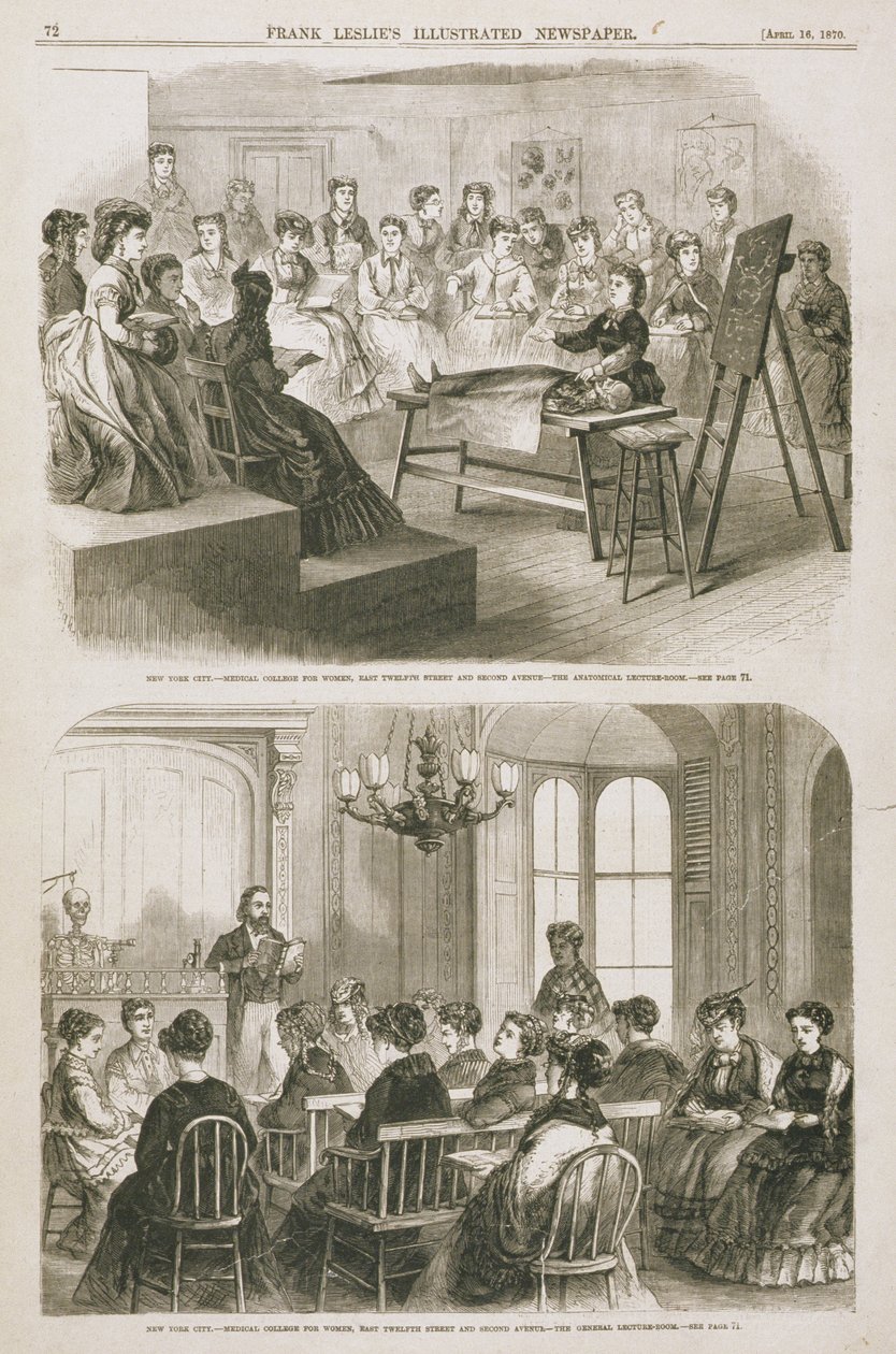 Female medical students attending a lecture, 1870 by American School
