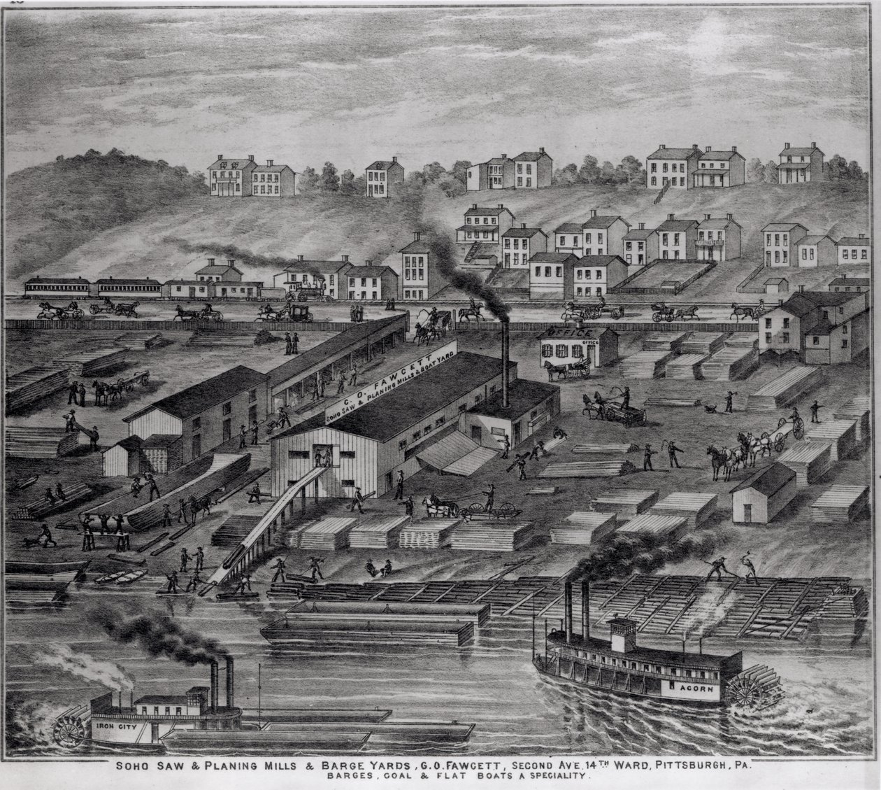 Soho Saw and Planing Mills and Barge Yards, G.O. Fawcett, Second Avenue, 14th Ward, Pittsburgh, PA, from 