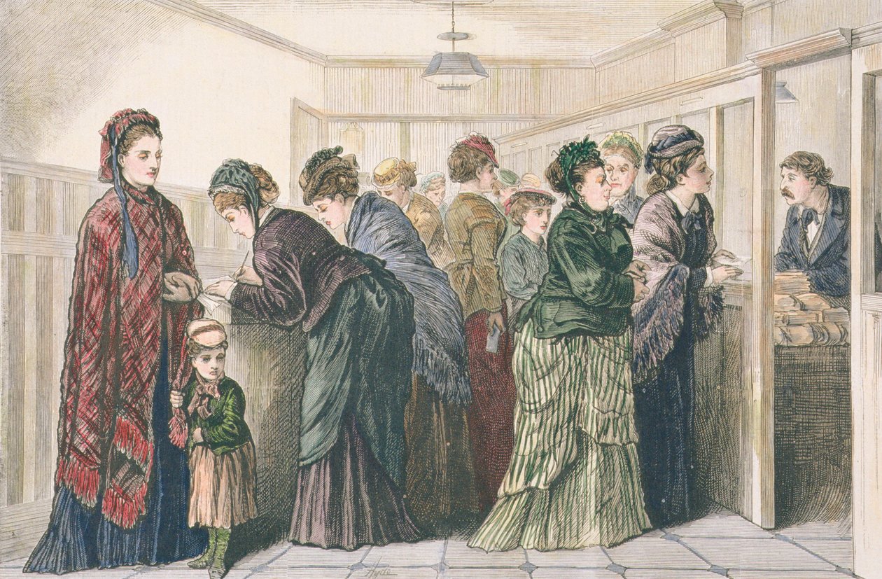 Women at the newspaper office placing advertisements for work, New York, 1874 by American School