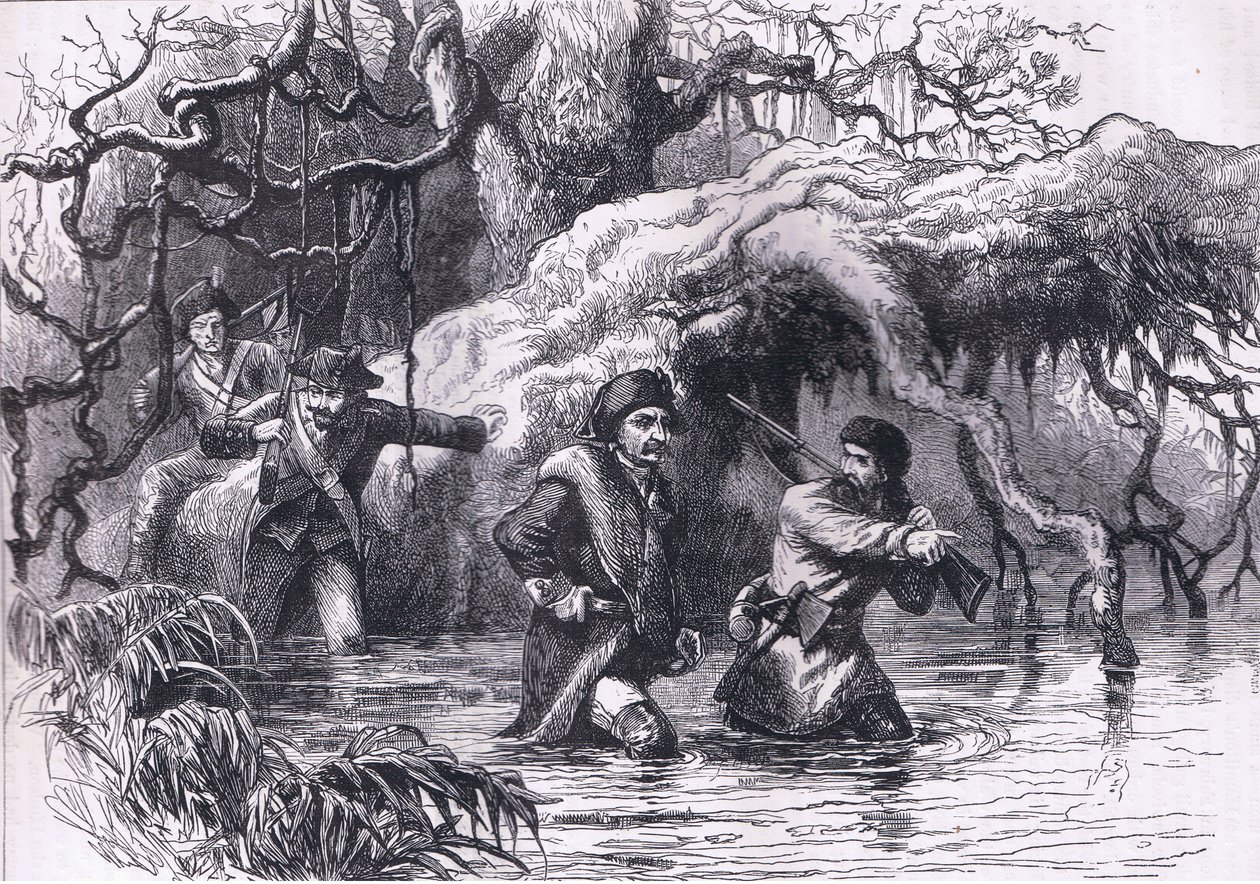 Clarke and his soldiers crossing the Wabash, illustration from Cassells History of the United States published by Cassell, Petter & Galpin, c.1900 by American English school