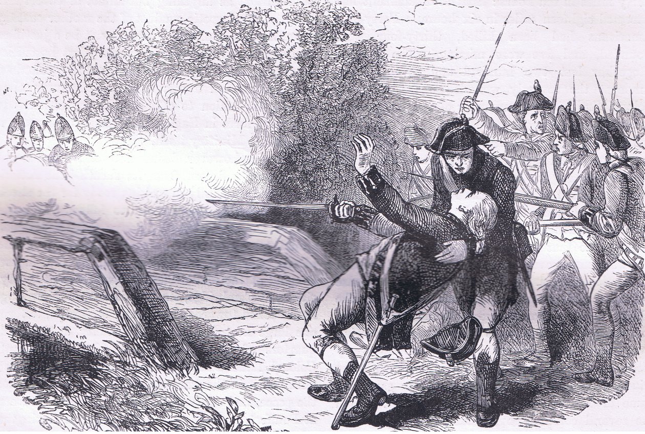 Death of Isaac Davis, illustration from Cassells History of the United States published by Cassell, Petter & Galpin, c.1900 by American English school
