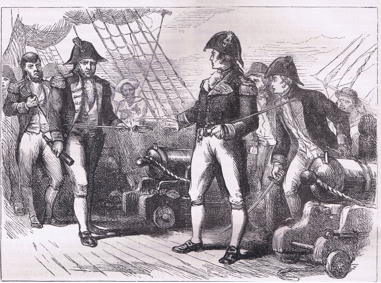 The officers of the Chesapeake offering their swords, illustration from Cassells History of the United States by American English school