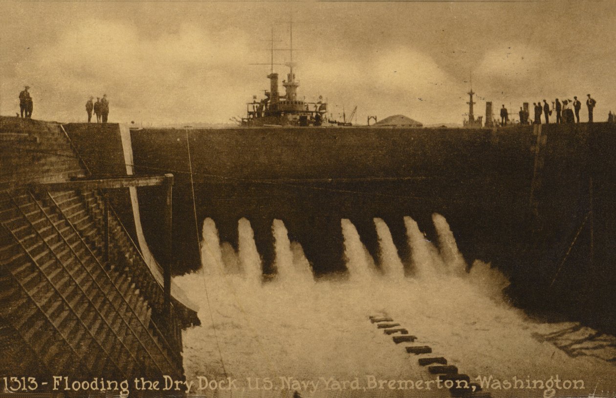 Flooding the Dry Dock, US Navy Yard, Bremerton; Washington, USA by American Photographer