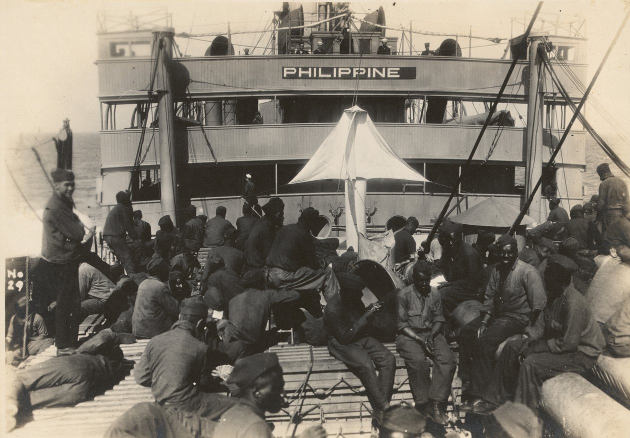 Pioneer Infantry Battalion on the troop ship U.S.S. Philippine from Brest harbor, France by American Photographer