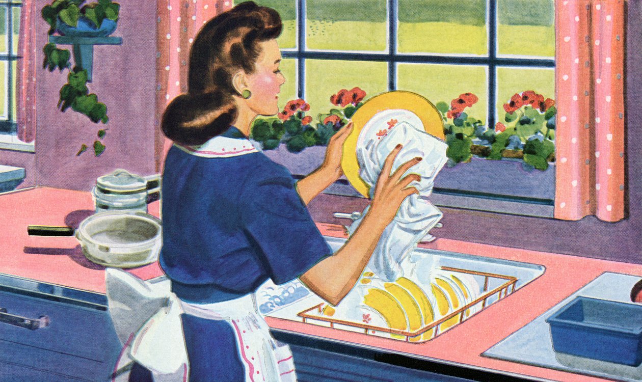 1940s Homemaker Washes Dishes in Her Dream Kitchen by American School