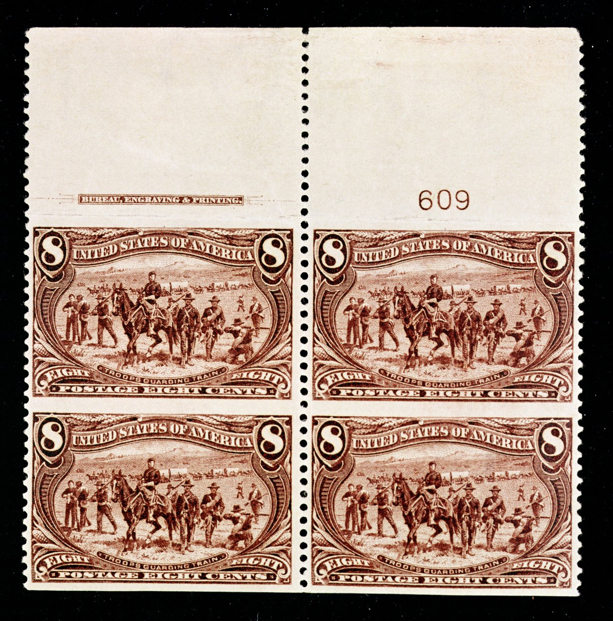 8-Cent Troops Guarding Wagon Train Block of Four by American School