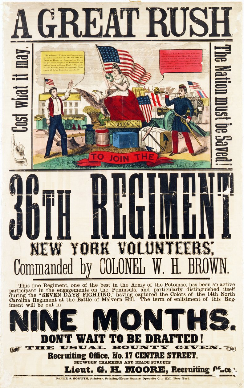 A Great Rush, recruitment poster for 36th Regiment, published by Baker & Goodwin by American School