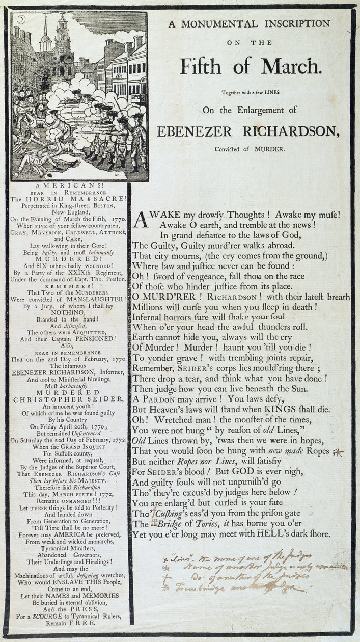 A Monumental Inscription on the Fifth of March, 1772 by American School
