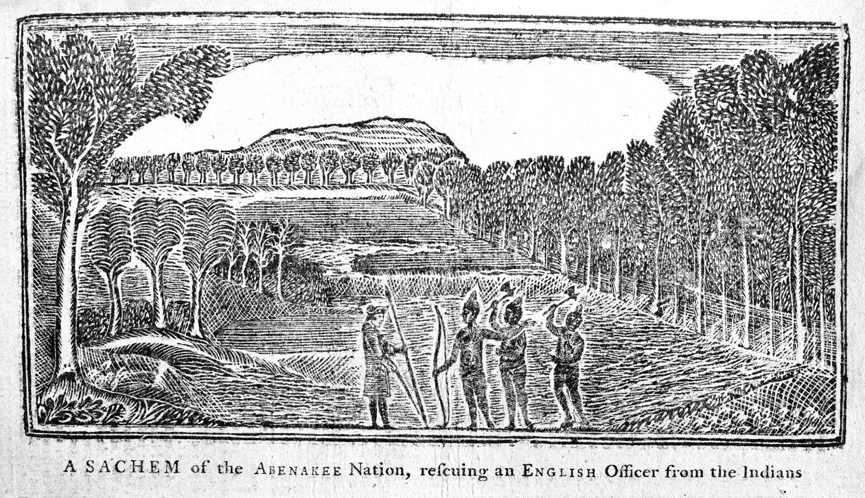 A Sachem of the Abenakee Nation rescuing an English Officer, illustration from Bickerstaff