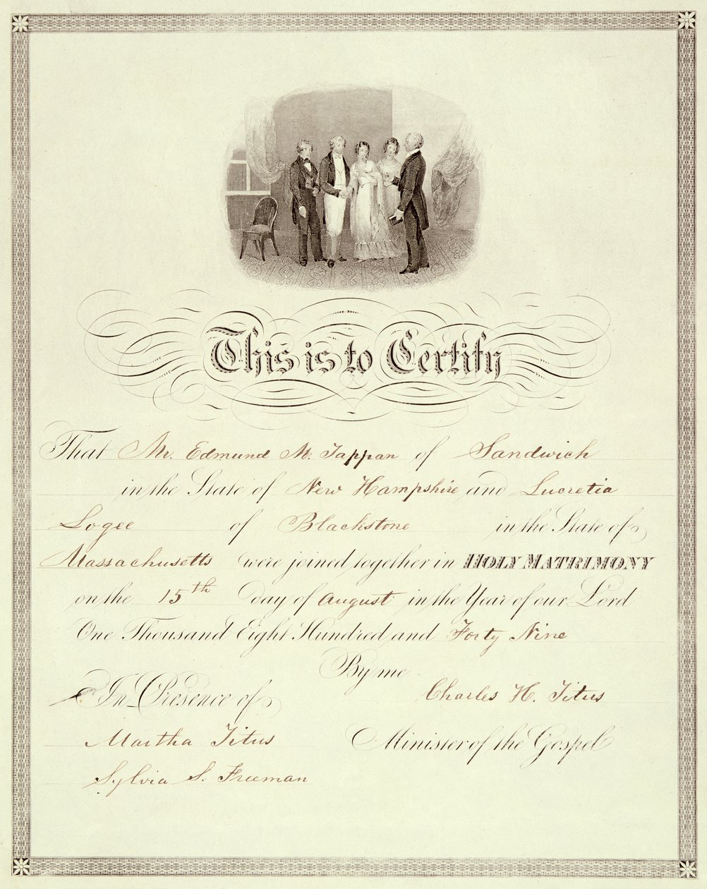 A marriage certificate of 1849 by American School
