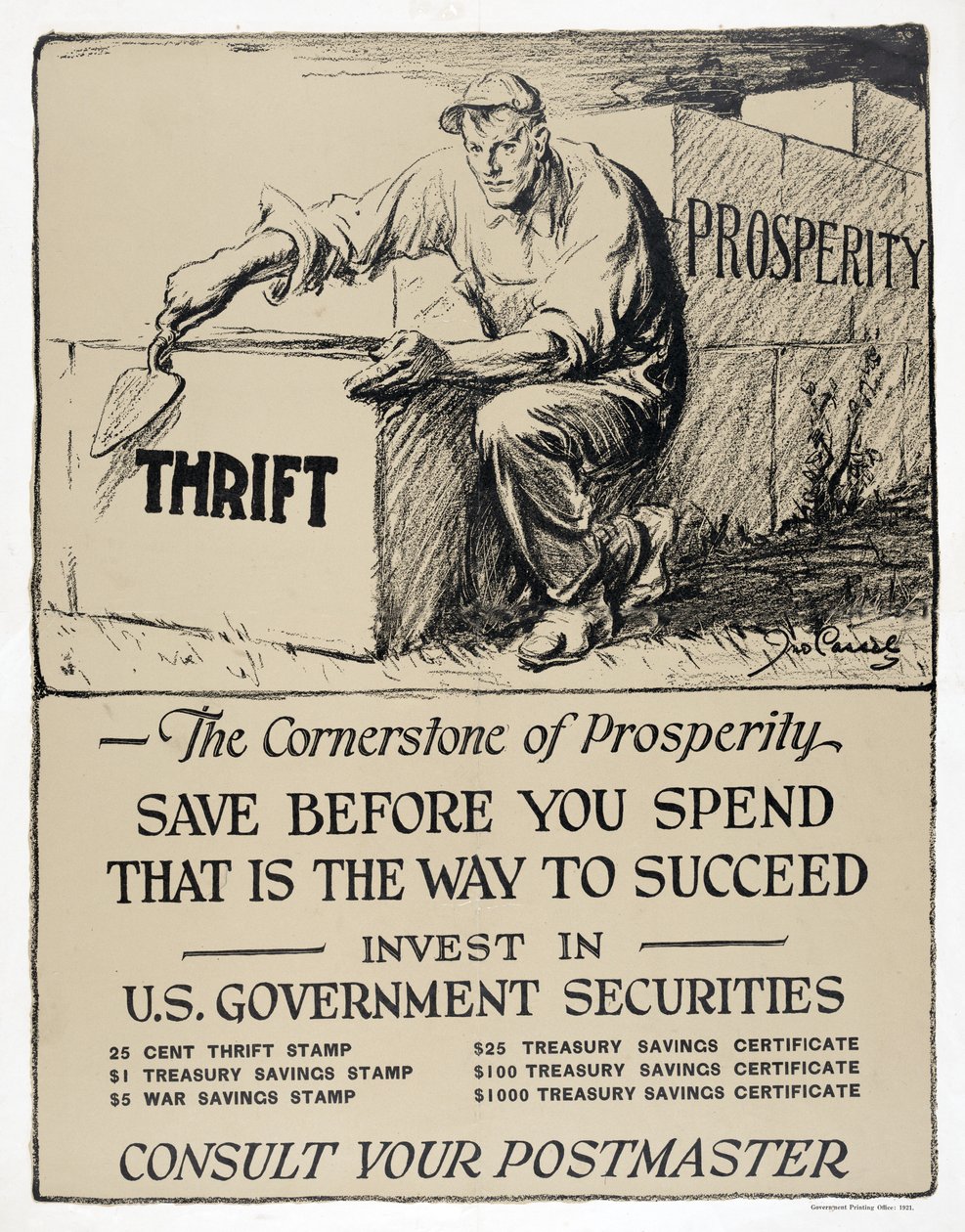 Advertisement for US Government Bonds, "The Cornerstone of Prosperity", pub.1921 by American School
