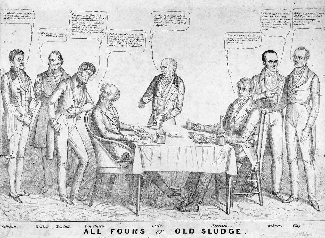 All Fours or Old Sludge, political cartoon depicting president Martin Van Buren playing cards against William Henry Harrison amidst other statesmen and politicians, 1836 by American School