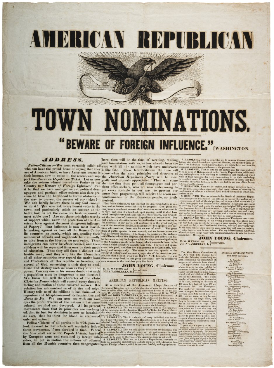 American Republican Town Nominations: Beware of Foreign Influence, c.1845 by American School