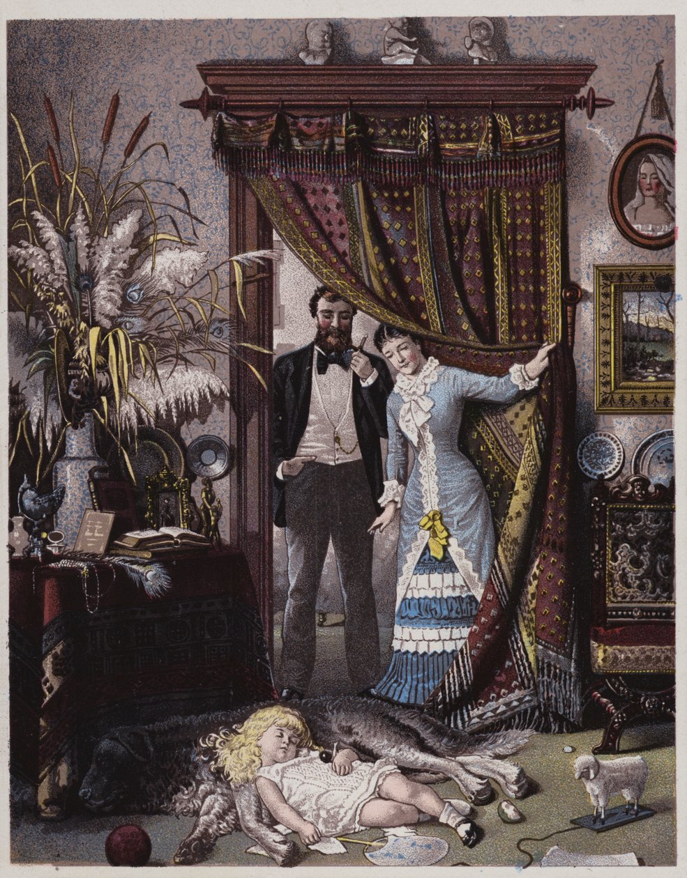 American Couple Looking at Their Daughter Asleep on the Dog by American School
