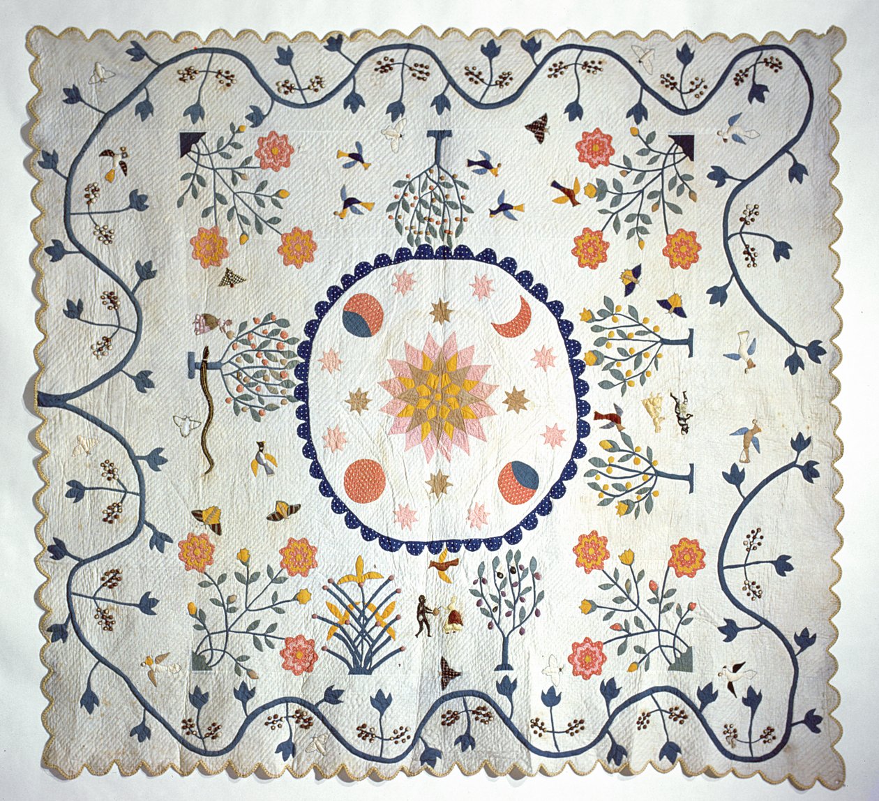 Applique quilt with Sun, Moon, Stars and the Garden of Eden, from Arkansas, c.1850-80 by American School